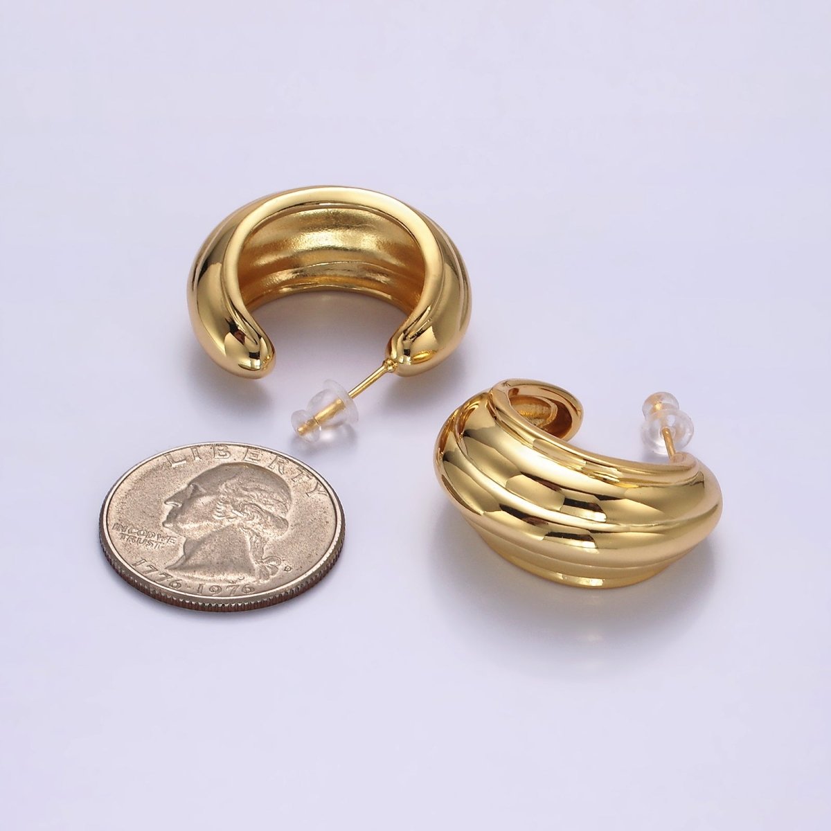 14K Gold Filled 30mm Multiple Line Dome C-Shaped Hoop Earrings in Silver &amp; Gold | AE-104 AE-105