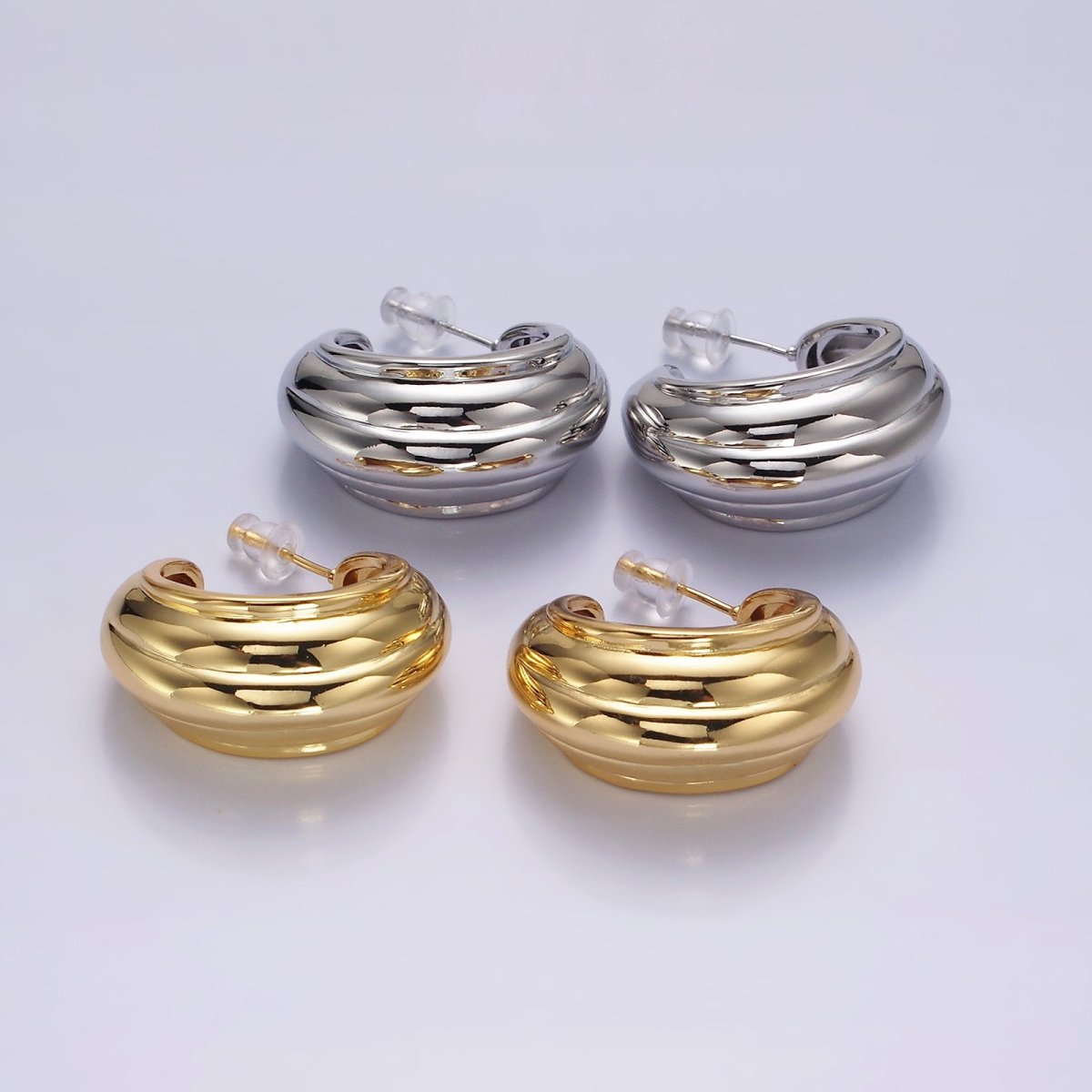 14K Gold Filled 30mm Multiple Line Dome C-Shaped Hoop Earrings in Silver &amp; Gold | AE-104 AE-105