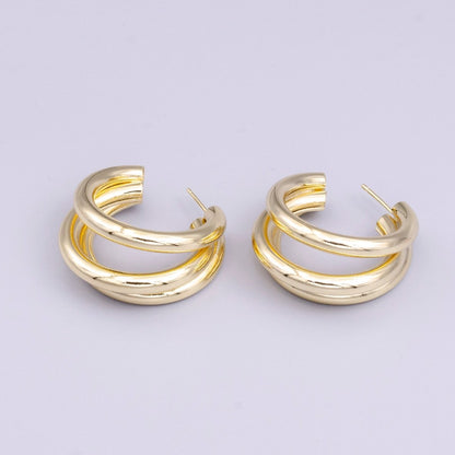 14K Gold Filled 30mm Triple Band Bar C-Shaped Geometric Hoop Earrings | AE069