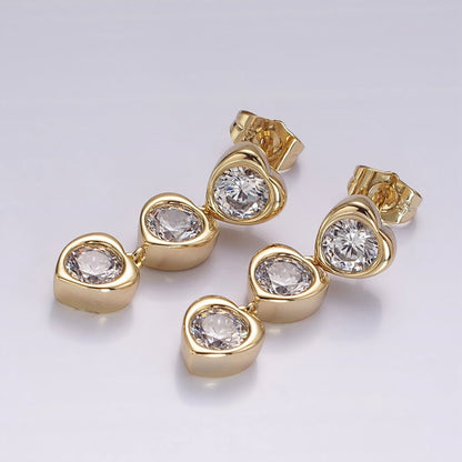 14K Gold Filled 30mm Triple Clear CZ Heart Bezel Drop Stud Earrings | AB1135