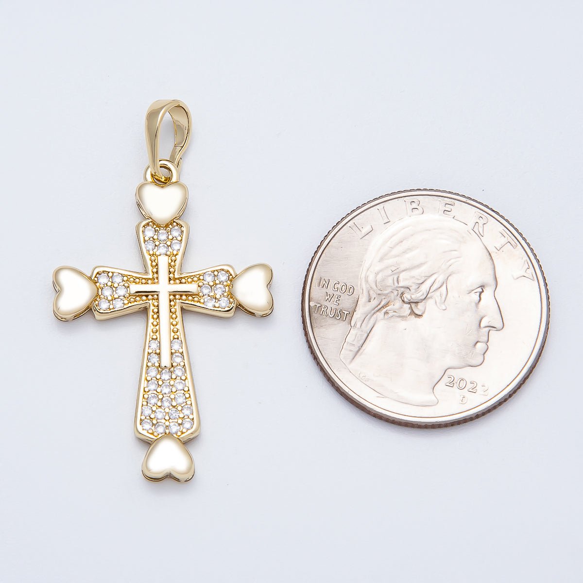 14K Gold Filled 32mm Micro Paved CZ Heart Religious Cross Pendant | Charms-00519