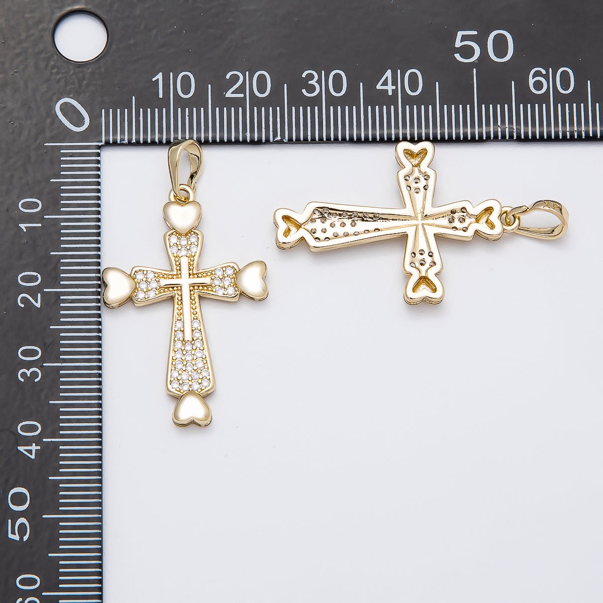 14K Gold Filled 32mm Micro Paved CZ Heart Religious Cross Pendant | Charms-00519