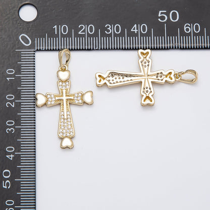 14K Gold Filled 32mm Micro Paved CZ Heart Religious Cross Pendant | Charms-00519