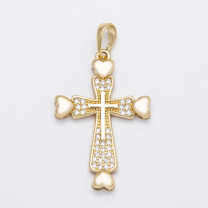 14K Gold Filled 32mm Micro Paved CZ Heart Religious Cross Pendant | Charms-00519