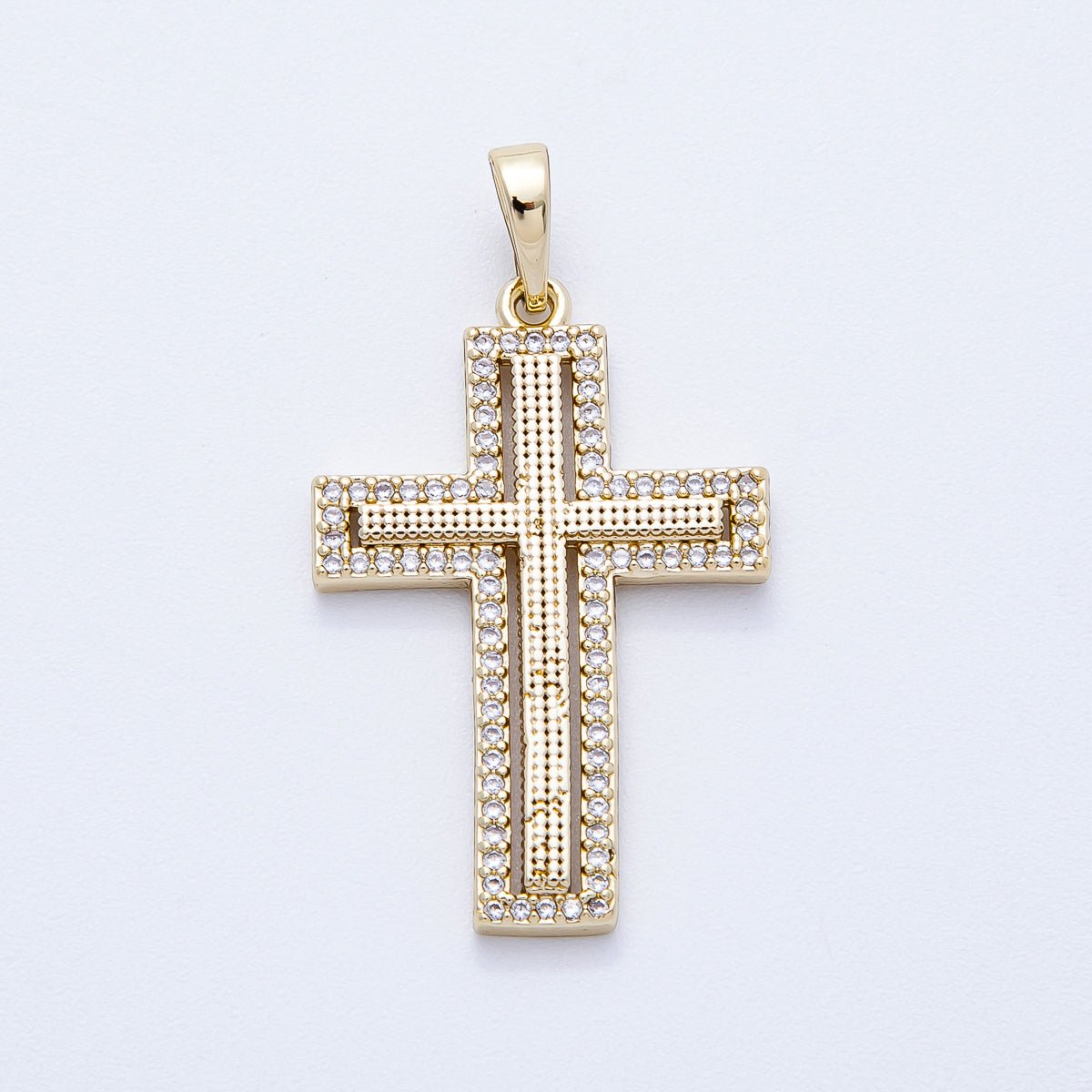 14K Gold Filled 33mm Beaded Textured Micro Paved CZ Religious Cross Bezel Pendant | Charms-00353