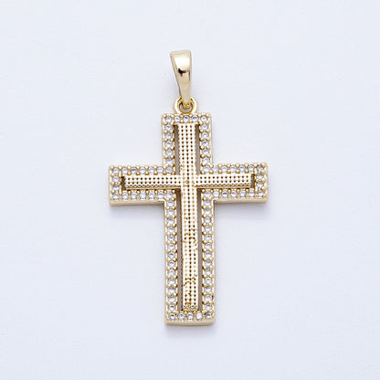 14K Gold Filled 33mm Beaded Textured Micro Paved CZ Religious Cross Bezel Pendant | Charms-00353