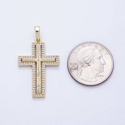 14K Gold Filled 33mm Beaded Textured Micro Paved CZ Religious Cross Bezel Pendant | Charms-00353