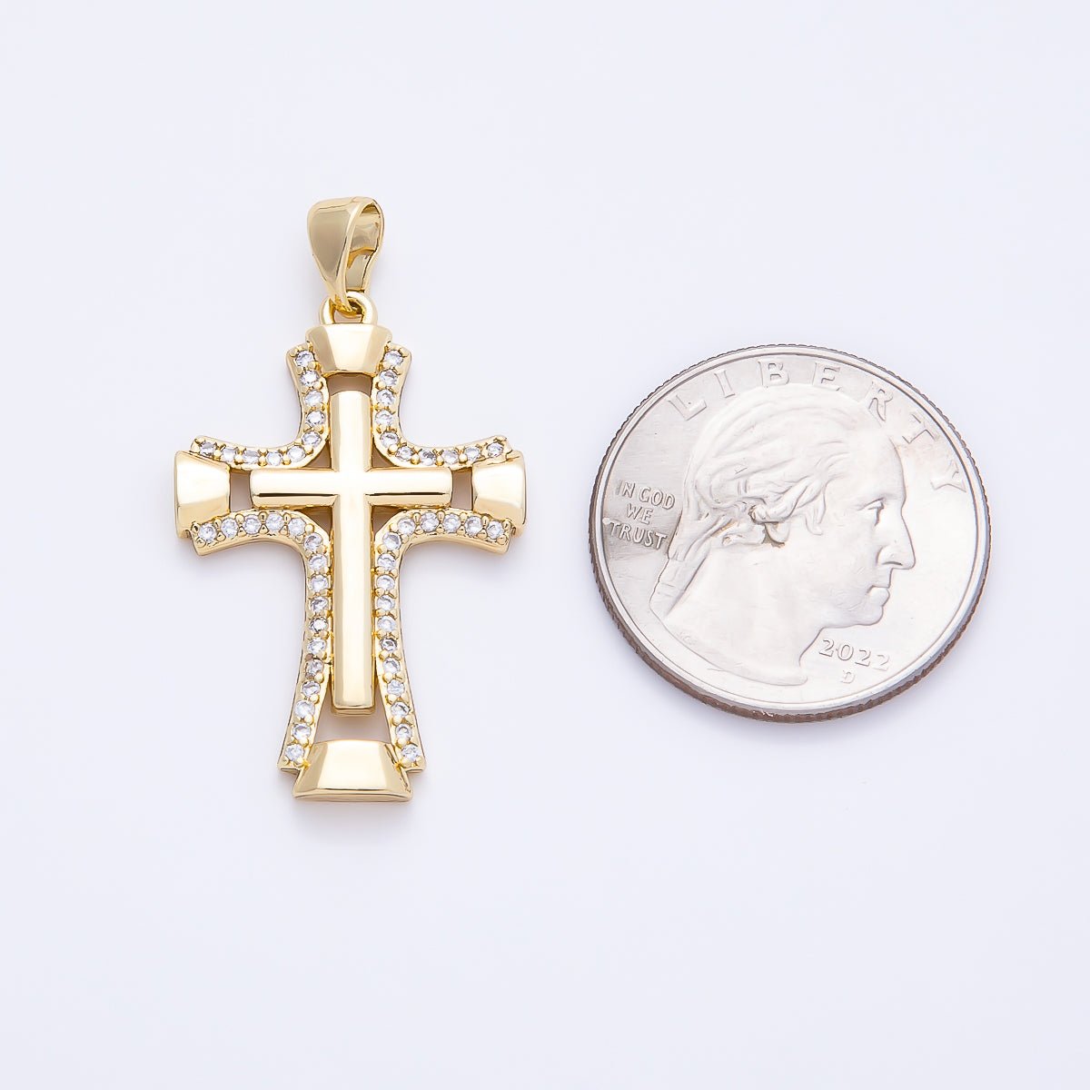 14K Gold Filled 33mm Micro Paved CZ Double Open Flared Cross Pendant | Charms-01261