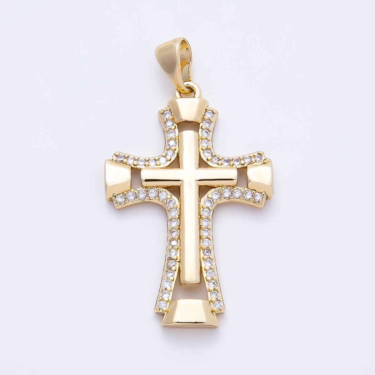 14K Gold Filled 33mm Micro Paved CZ Double Open Flared Cross Pendant | Charms-01261