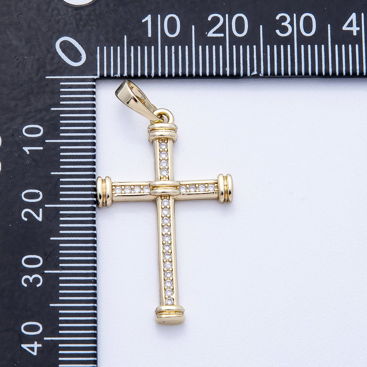 14K Gold Filled 33mm Micro Paved CZ Tube Band Religious Cross Pendant | Charms-00430