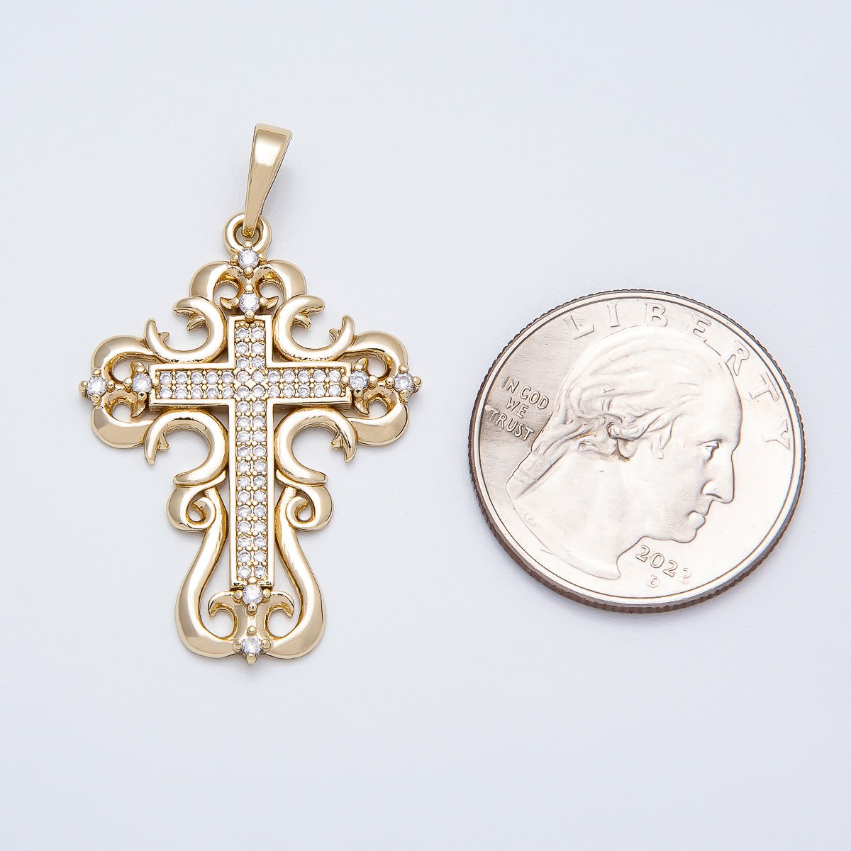 14K Gold Filled 34mm Micro Paved CZ Artisan Geometric Religious Cross Pendant | Charms-00518
