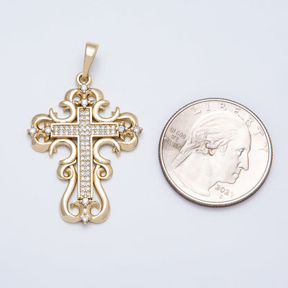 14K Gold Filled 34mm Micro Paved CZ Artisan Geometric Religious Cross Pendant | Charms-00518