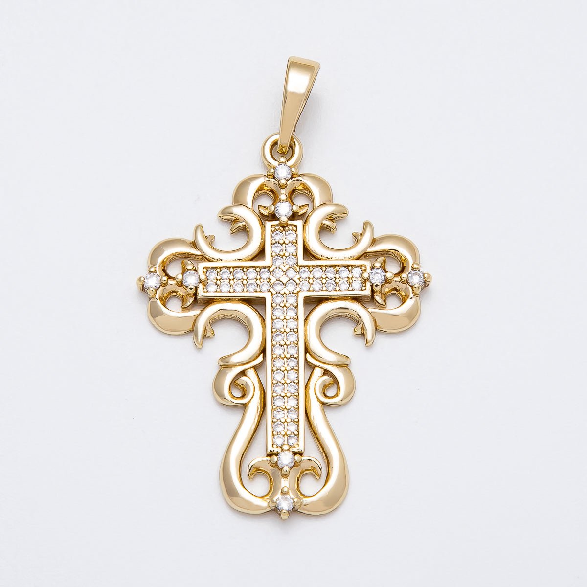 14K Gold Filled 34mm Micro Paved CZ Artisan Geometric Religious Cross Pendant | Charms-00518