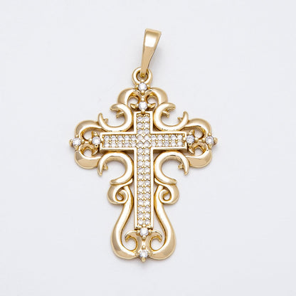 14K Gold Filled 34mm Micro Paved CZ Artisan Geometric Religious Cross Pendant | Charms-00518