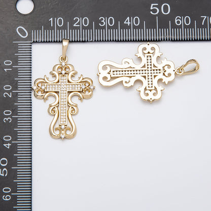 14K Gold Filled 34mm Micro Paved CZ Artisan Geometric Religious Cross Pendant | Charms-00518