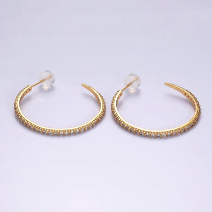 14K Gold Filled 35mm Clear CZ Lined C-Shaped Hoop Earrings in Gold &amp; Silver | AE153 AE154