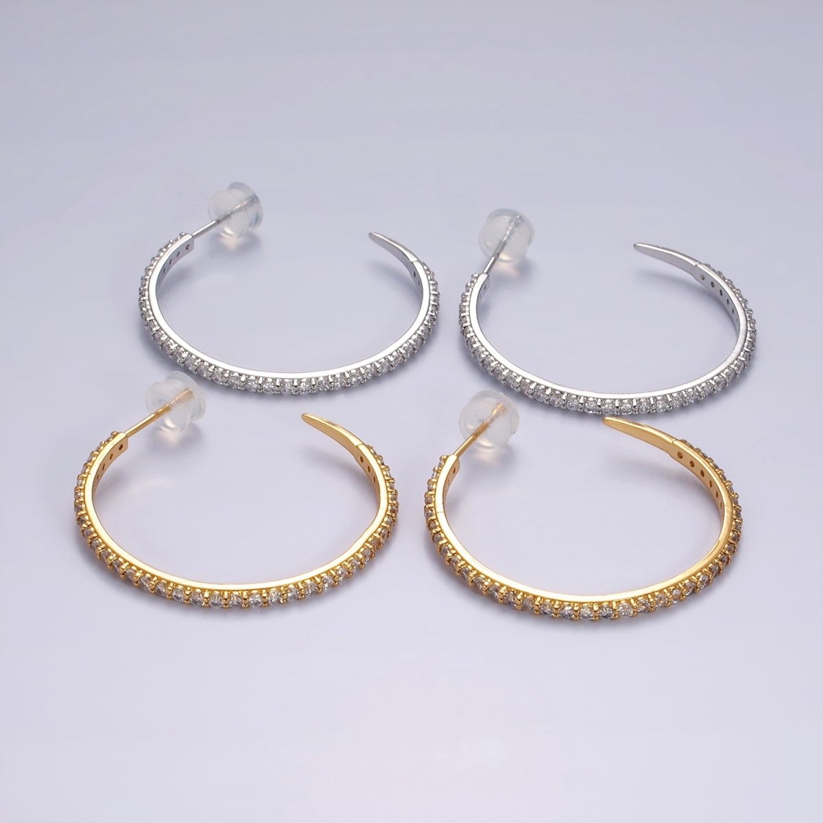 14K Gold Filled 35mm Clear CZ Lined C-Shaped Hoop Earrings in Gold &amp; Silver | AE153 AE154