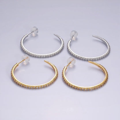 14K Gold Filled 35mm Clear CZ Lined C-Shaped Hoop Earrings in Gold &amp; Silver | AE153 AE154