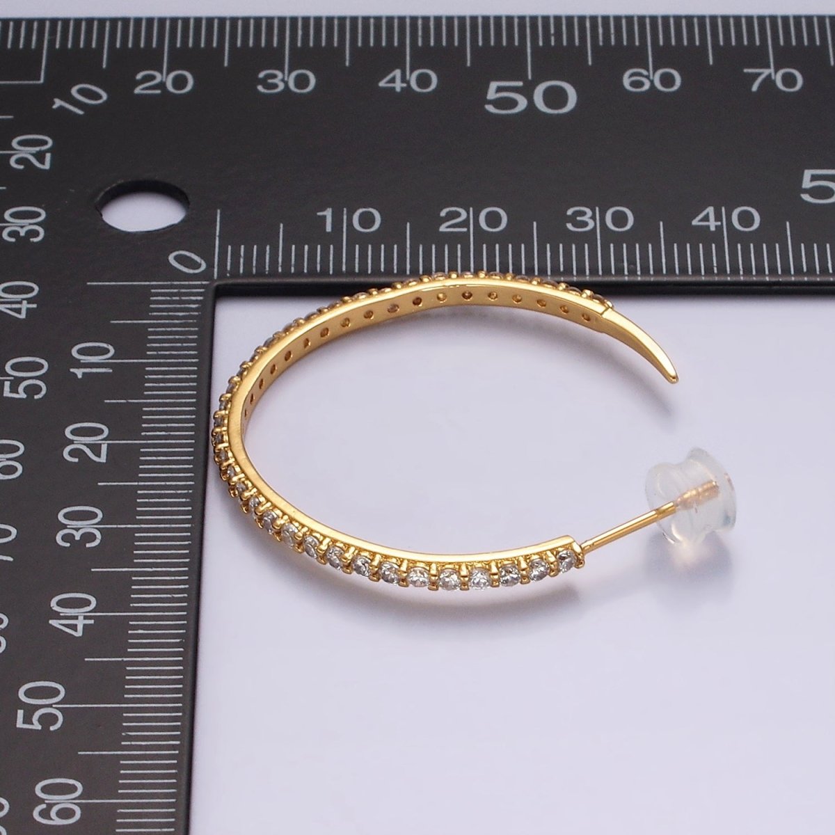 14K Gold Filled 35mm Clear CZ Lined C-Shaped Hoop Earrings in Gold &amp; Silver | AE153 AE154