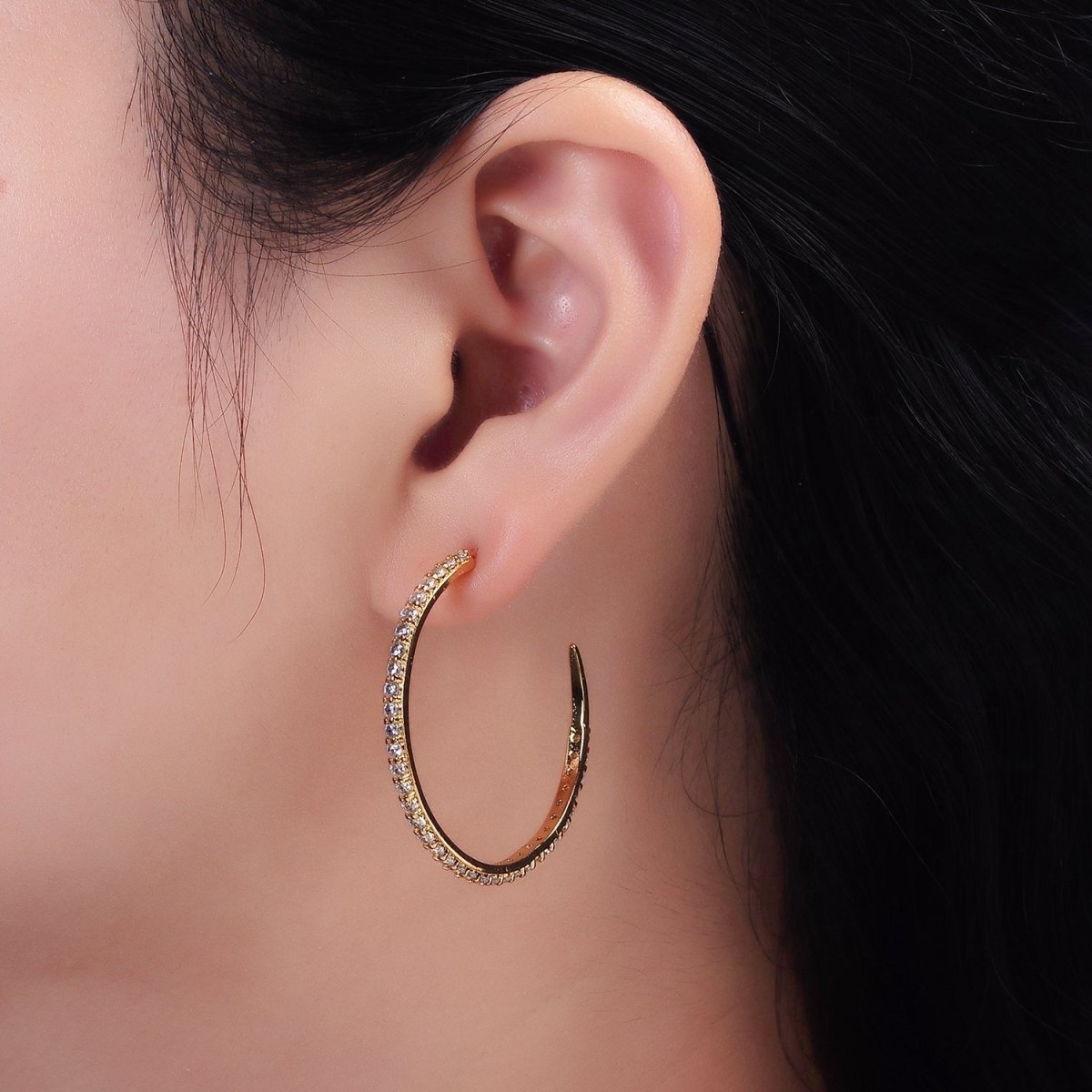 14K Gold Filled 35mm Clear CZ Lined C-Shaped Hoop Earrings in Gold &amp; Silver | AE153 AE154