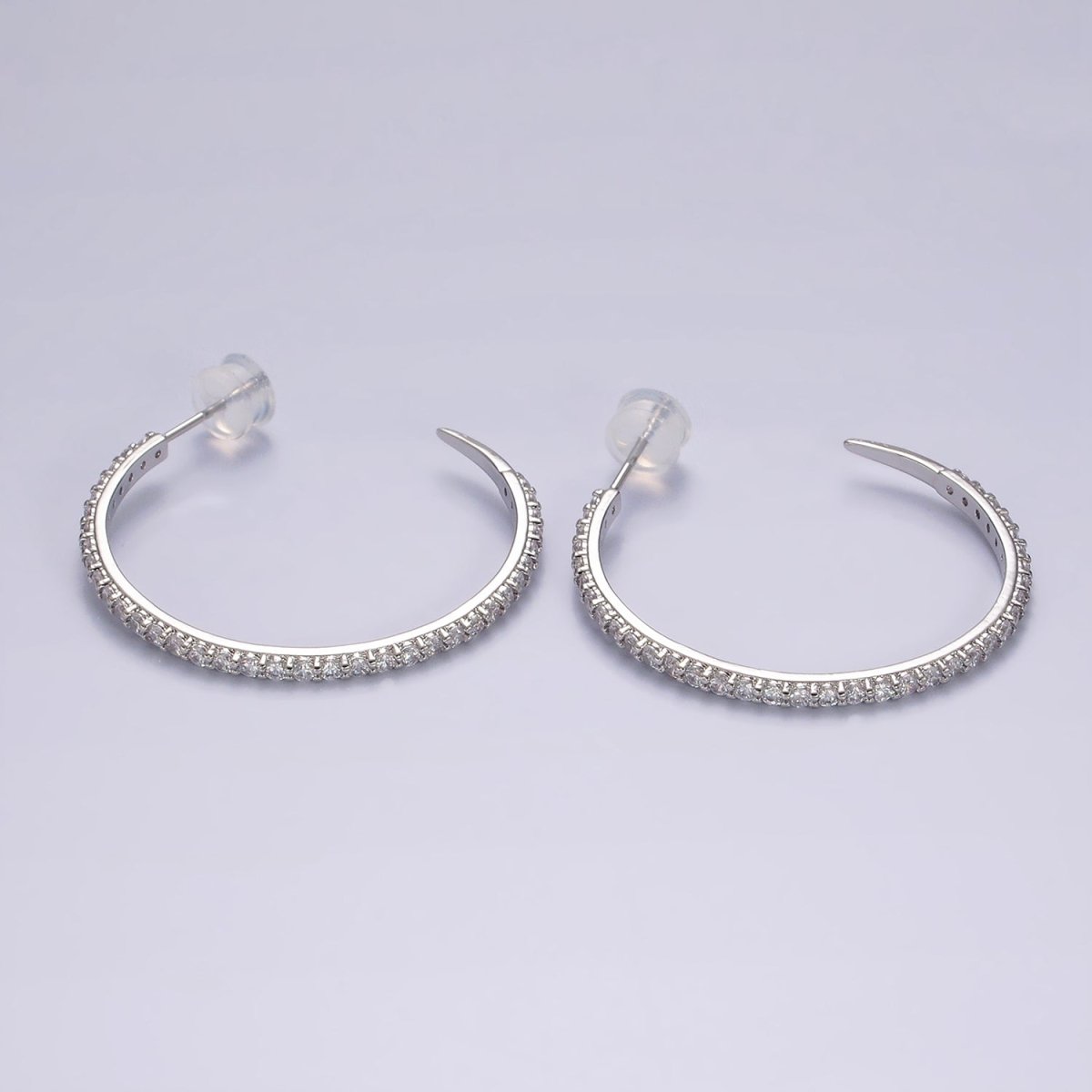 14K Gold Filled 35mm Clear CZ Lined C-Shaped Hoop Earrings in Gold &amp; Silver | AE153 AE154