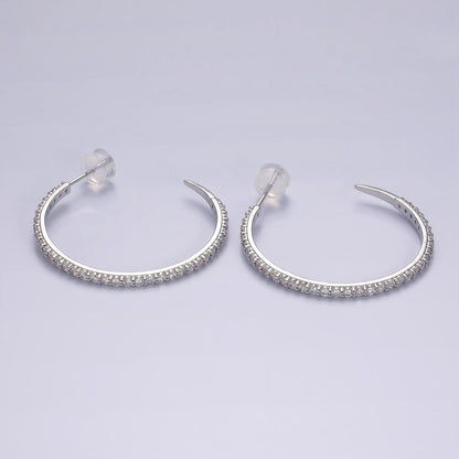 14K Gold Filled 35mm Clear CZ Lined C-Shaped Hoop Earrings in Gold &amp; Silver | AE153 AE154