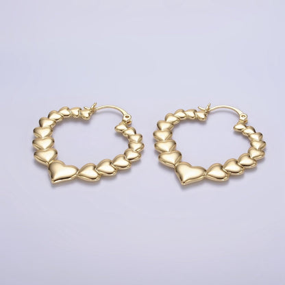 14K Gold Filled 35mm Puffed Heart Lined French Lock Latch Hoop Earrings | AE728