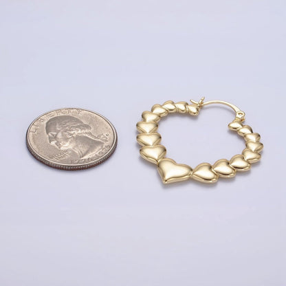14K Gold Filled 35mm Puffed Heart Lined French Lock Latch Hoop Earrings | AE728