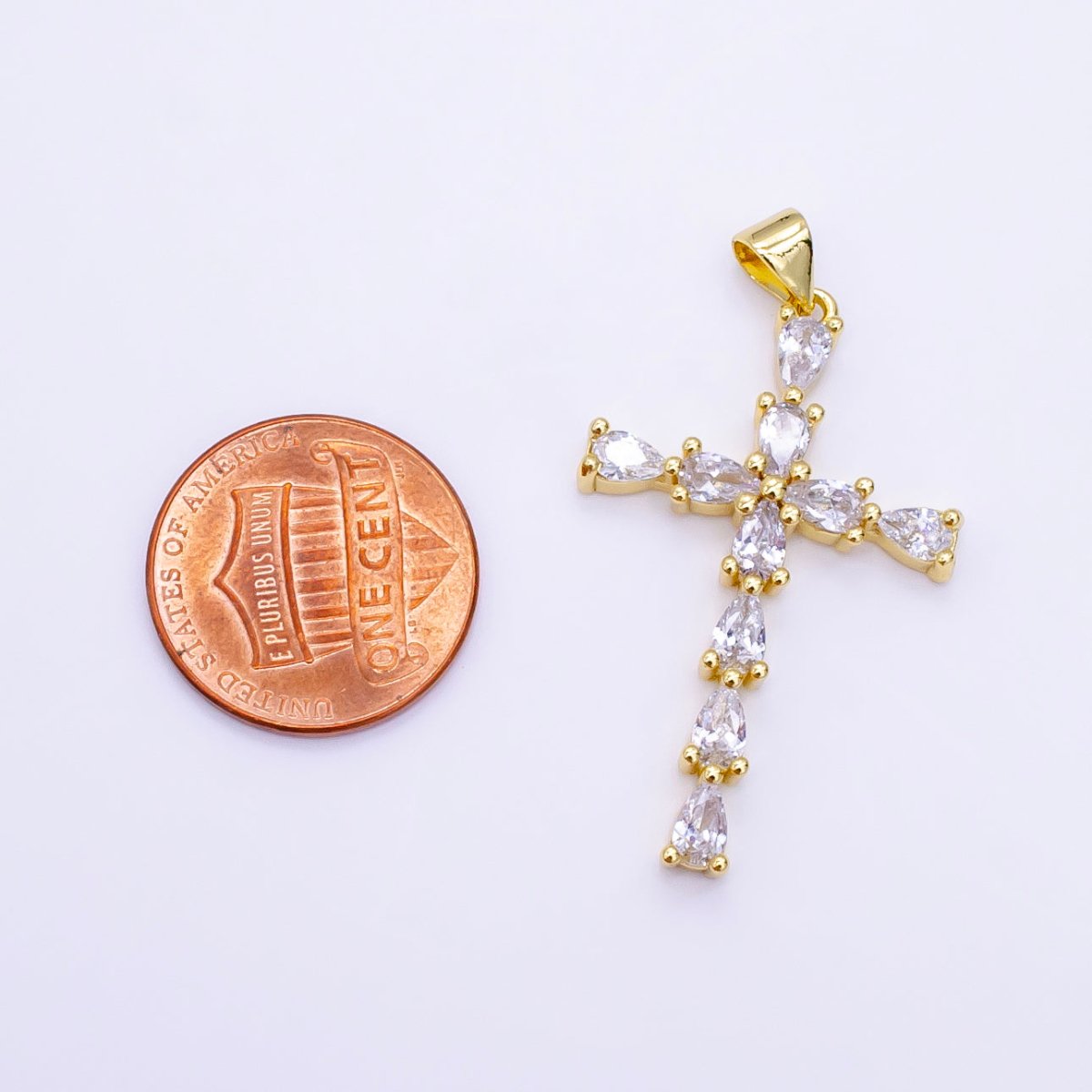 14K Gold Filled 35mm Teardrop CZ Religious Cross Pendant in Gold &amp; Silver | H352