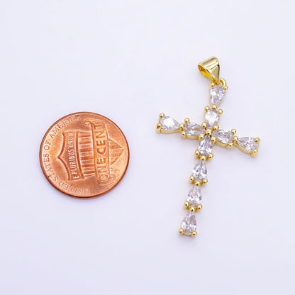 14K Gold Filled 35mm Teardrop CZ Religious Cross Pendant in Gold &amp; Silver | H352