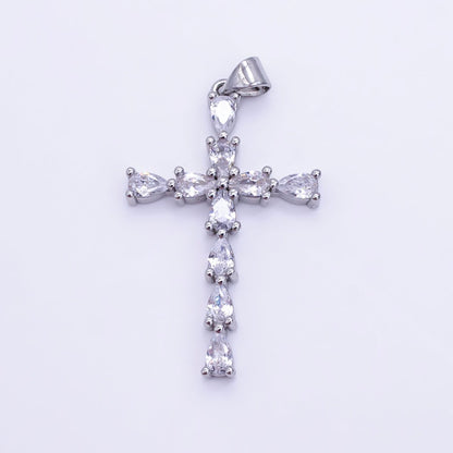 14K Gold Filled 35mm Teardrop CZ Religious Cross Pendant in Gold &amp; Silver | H352