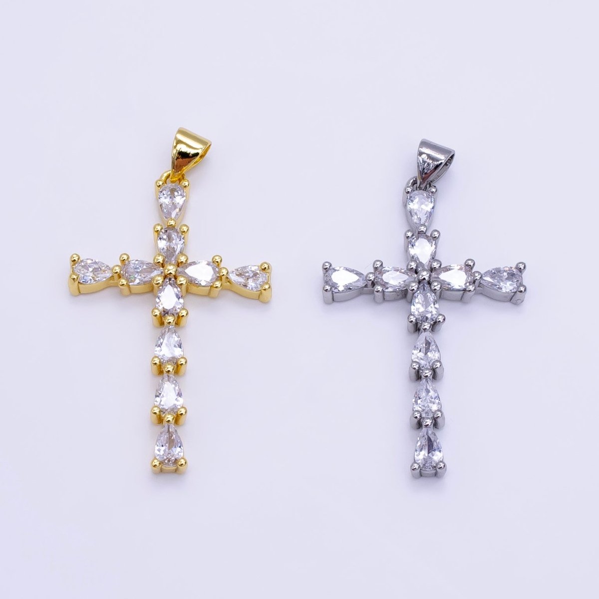 14K Gold Filled 35mm Teardrop CZ Religious Cross Pendant in Gold &amp; Silver | H352