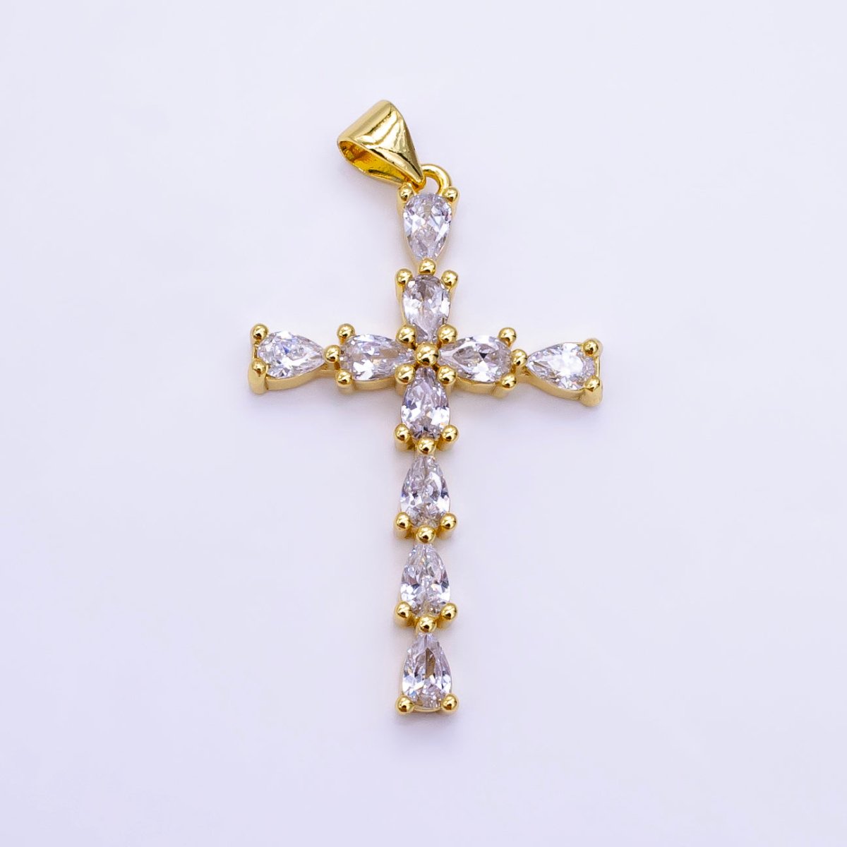 14K Gold Filled 35mm Teardrop CZ Religious Cross Pendant in Gold &amp; Silver | H352