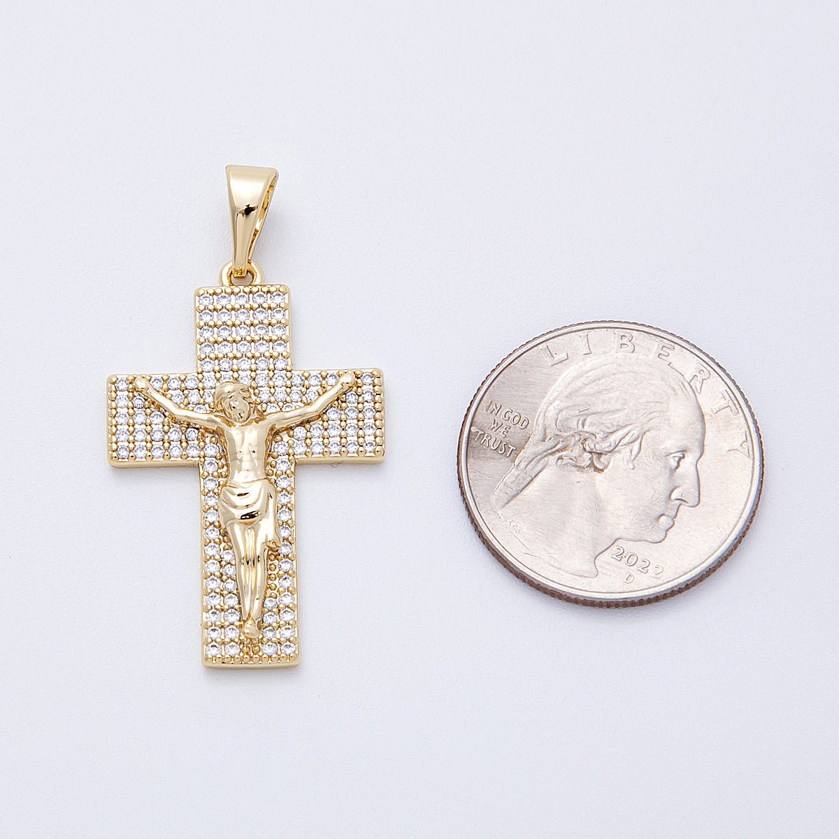 14K Gold Filled 35mm Wide Micro Paved CZ Jesus Crucifix Cross Religious Pendant | Charms-00221