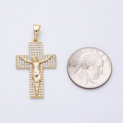 14K Gold Filled 35mm Wide Micro Paved CZ Jesus Crucifix Cross Religious Pendant | Charms-00221