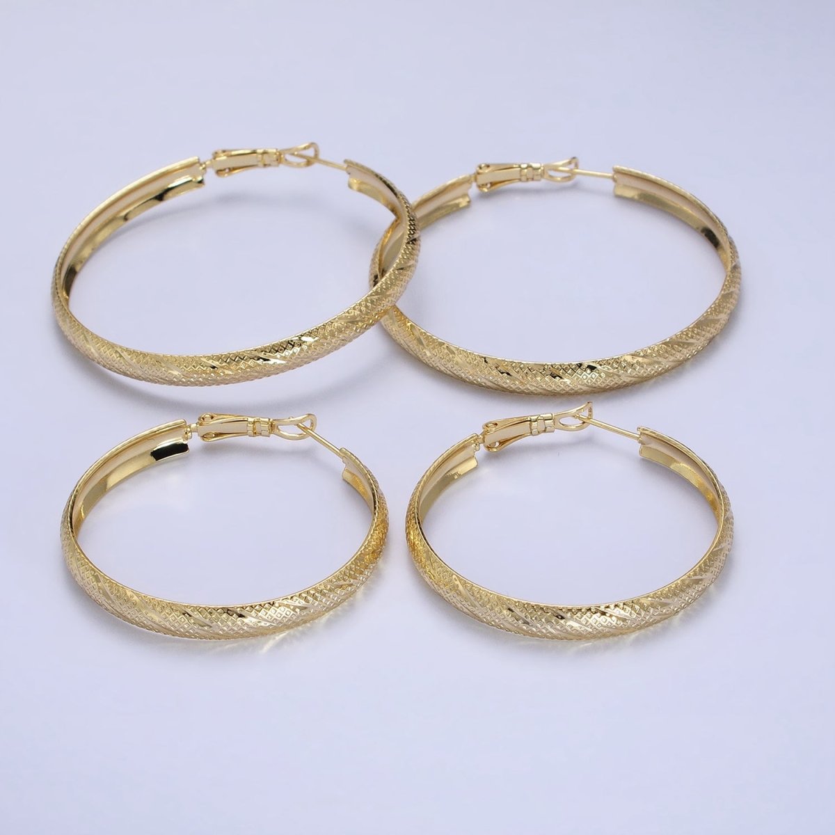 14K Gold Filled 40mm, 50mm Rhombus Lined Textured Hinge Hoop Earrings | AE057 AE058