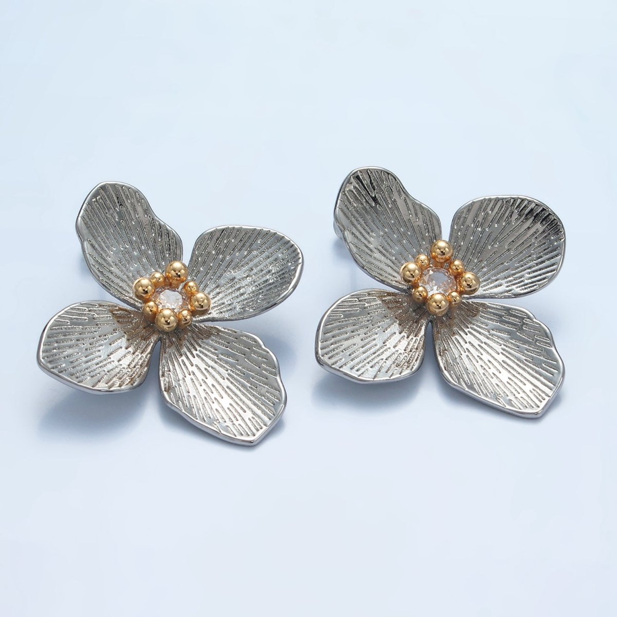 14K Gold Filled 40mm Clear CZ Line-Textured Flower Stud Earrings in Gold &amp; Mixed Metal | P-507 P-504