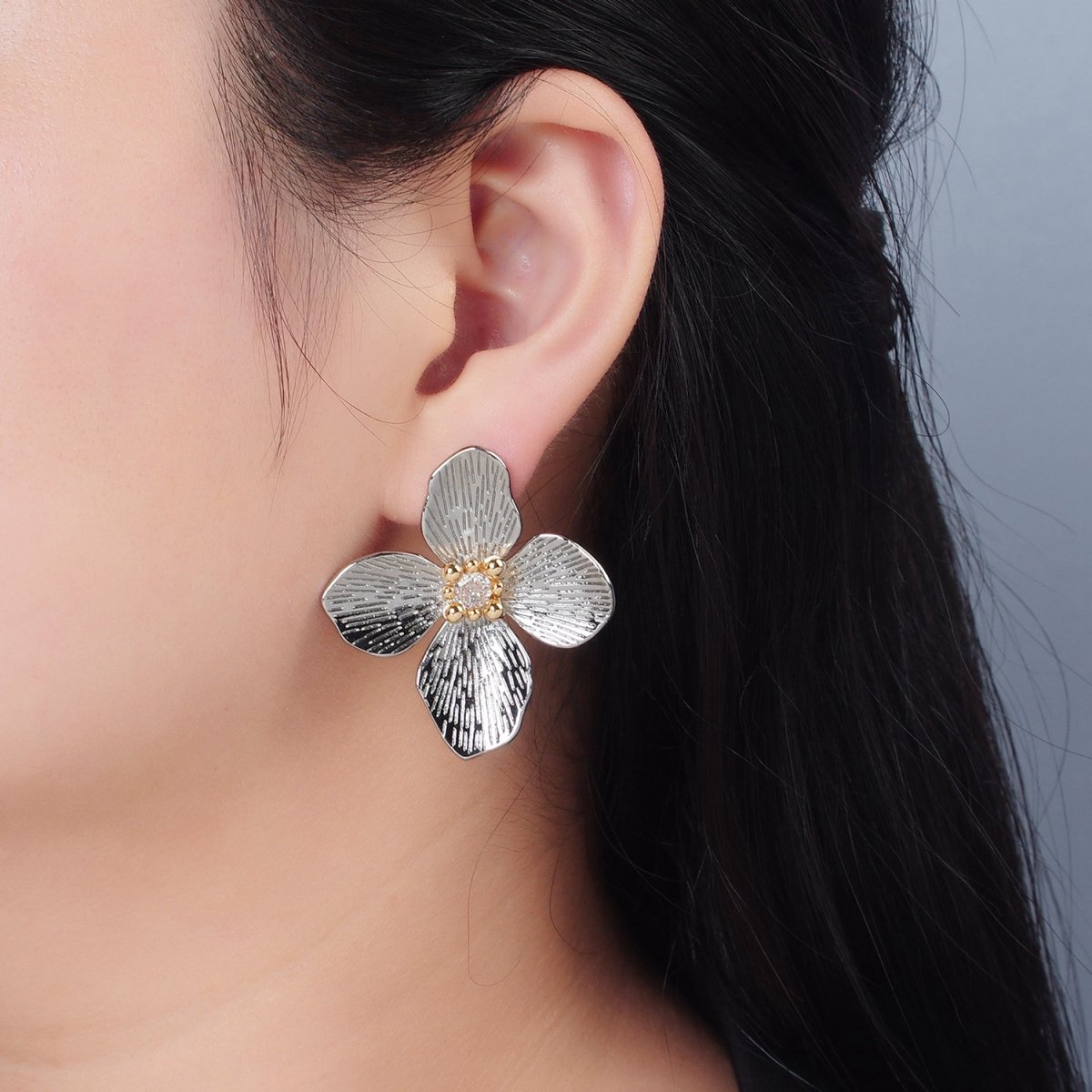 14K Gold Filled 40mm Clear CZ Line-Textured Flower Stud Earrings in Gold &amp; Mixed Metal | P-507 P-504