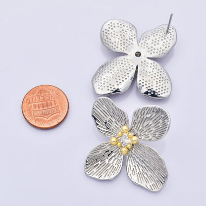 14K Gold Filled 40mm Clear CZ Line-Textured Flower Stud Earrings in Gold &amp; Mixed Metal | P-507 P-504