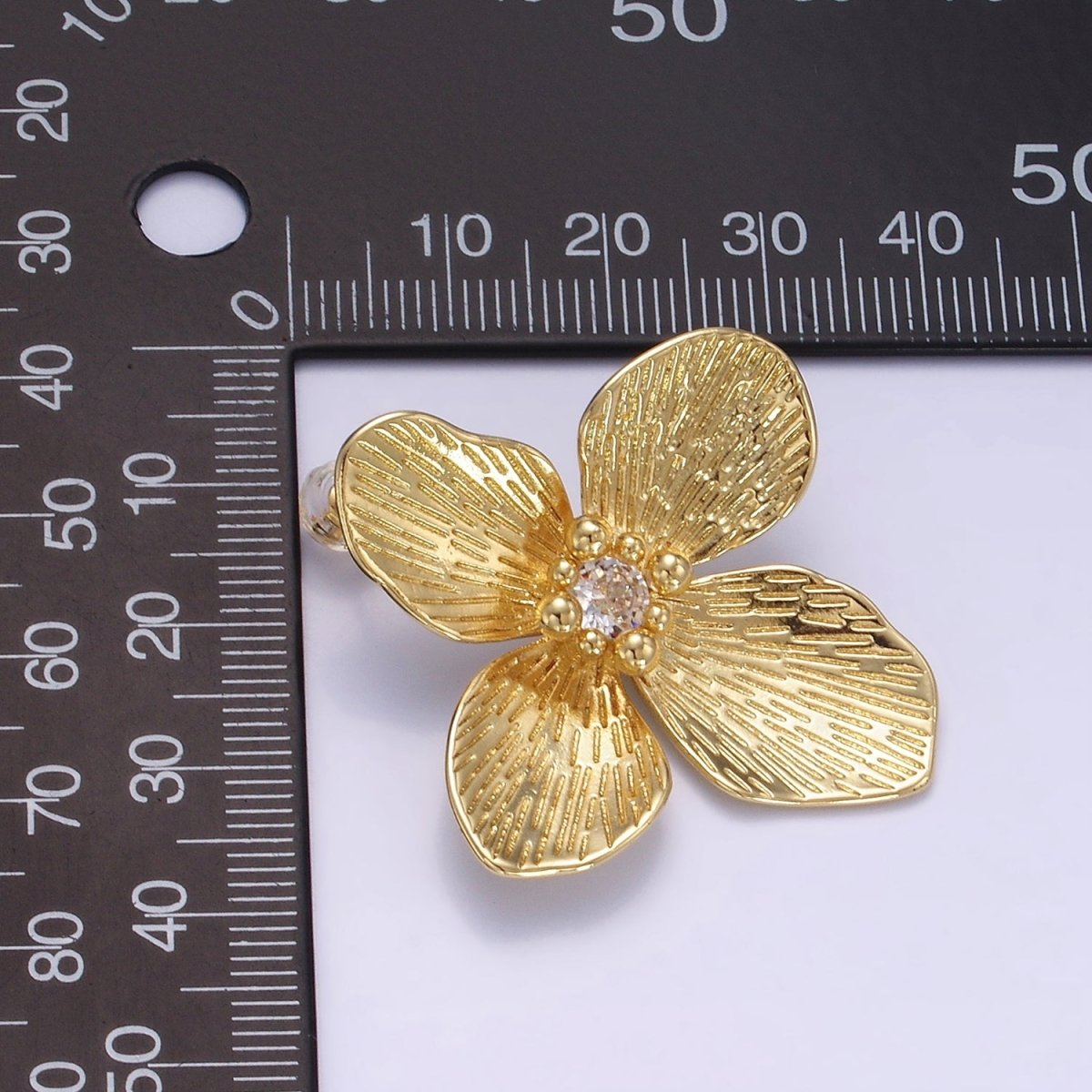 14K Gold Filled 40mm Clear CZ Line-Textured Flower Stud Earrings in Gold &amp; Mixed Metal | P-507 P-504