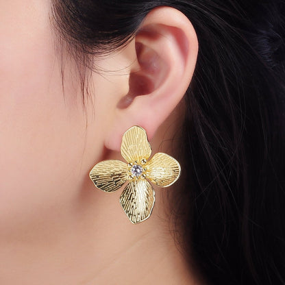 14K Gold Filled 40mm Clear CZ Line-Textured Flower Stud Earrings in Gold &amp; Mixed Metal | P-507 P-504