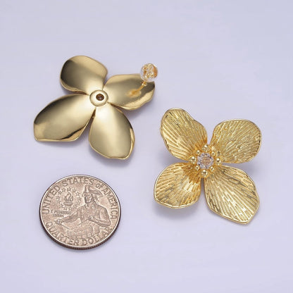 14K Gold Filled 40mm Clear CZ Line-Textured Flower Stud Earrings in Gold &amp; Mixed Metal | P-507 P-504