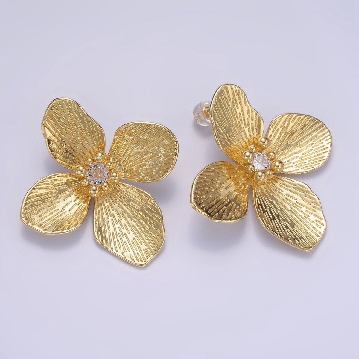 14K Gold Filled 40mm Clear CZ Line-Textured Flower Stud Earrings in Gold &amp; Mixed Metal | P-507 P-504