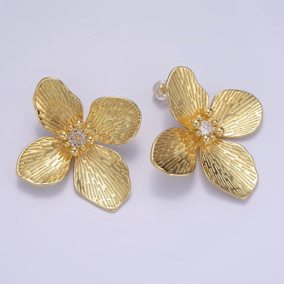 14K Gold Filled 40mm Clear CZ Line-Textured Flower Stud Earrings in Gold &amp; Mixed Metal | P-507 P-504