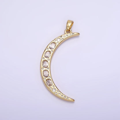 14K Gold Filled 40mm Clear CZ Oval Dotted Celestial Crescent Moon Pendant | AH147