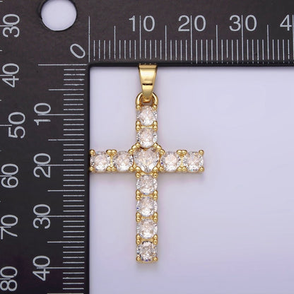 14K Gold Filled 40mm Clear Round CZ Lined Religious Cross Pendant | N1287
