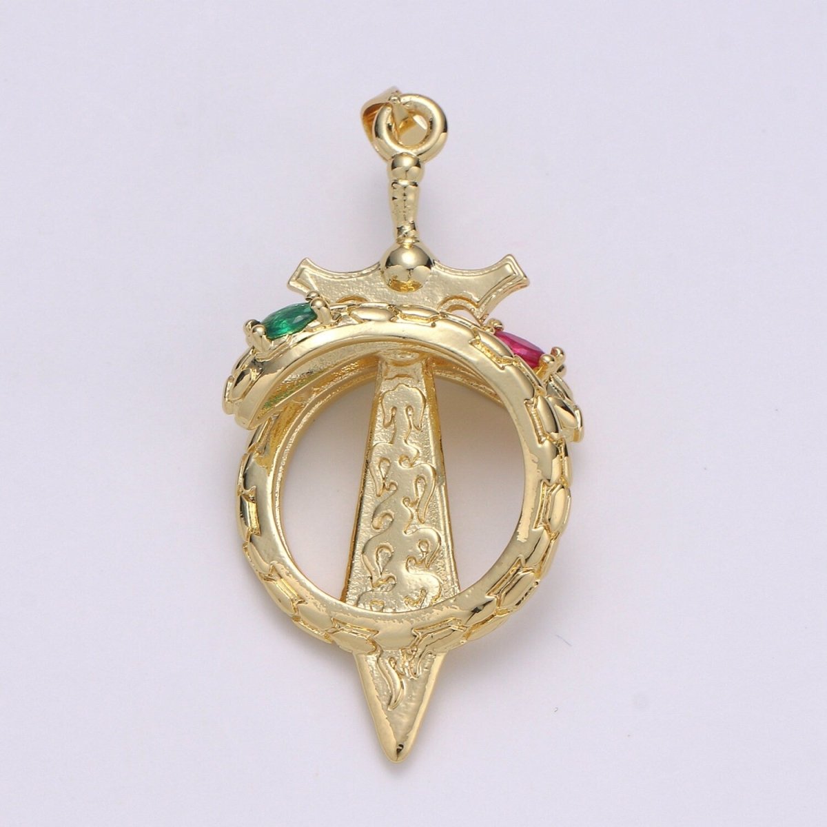 14K Gold Filled 43mm Green, Multicolor, Pink CZ Snake Sword Open Charm | J00036 - J00038
