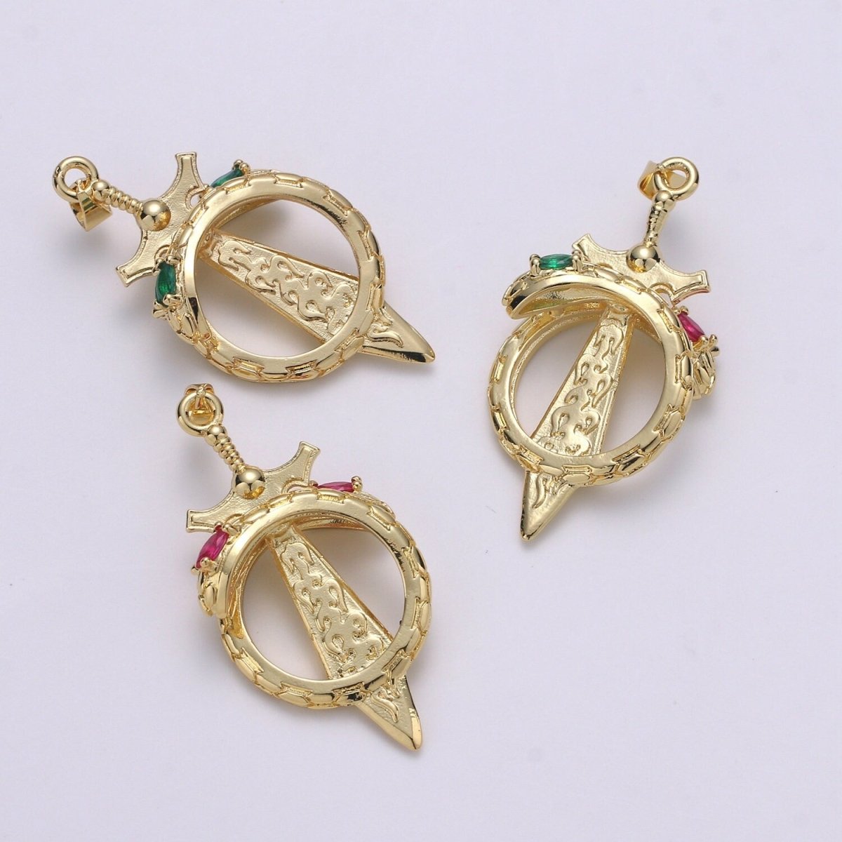 14K Gold Filled 43mm Green, Multicolor, Pink CZ Snake Sword Open Charm | J00036 - J00038