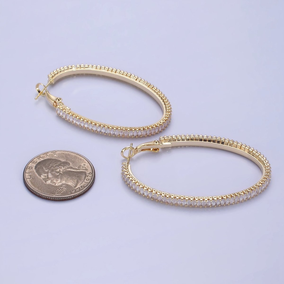 14K Gold Filled 50mm Clear CZ Baguette Tennis Hinge Hoop Earrings in Gold &amp; Silver | AE503 AE504