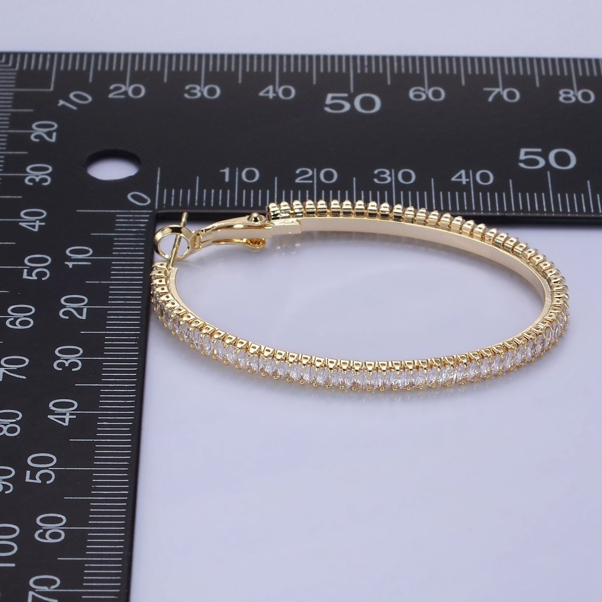 14K Gold Filled 50mm Clear CZ Baguette Tennis Hinge Hoop Earrings in Gold &amp; Silver | AE503 AE504